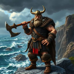 A fierce Viking warrior standing proudly on a rugged coastline, wearing traditional chainmail and a fur cloak, with a horned helmet adorning his head