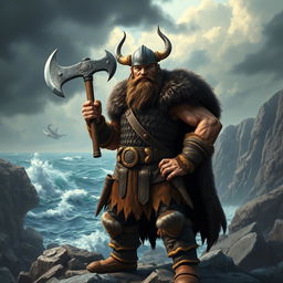 A fierce Viking warrior standing proudly on a rugged coastline, wearing traditional chainmail and a fur cloak, with a horned helmet adorning his head