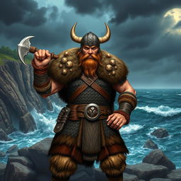 A fierce Viking warrior standing proudly on a rugged coastline, wearing traditional chainmail and a fur cloak, with a horned helmet adorning his head
