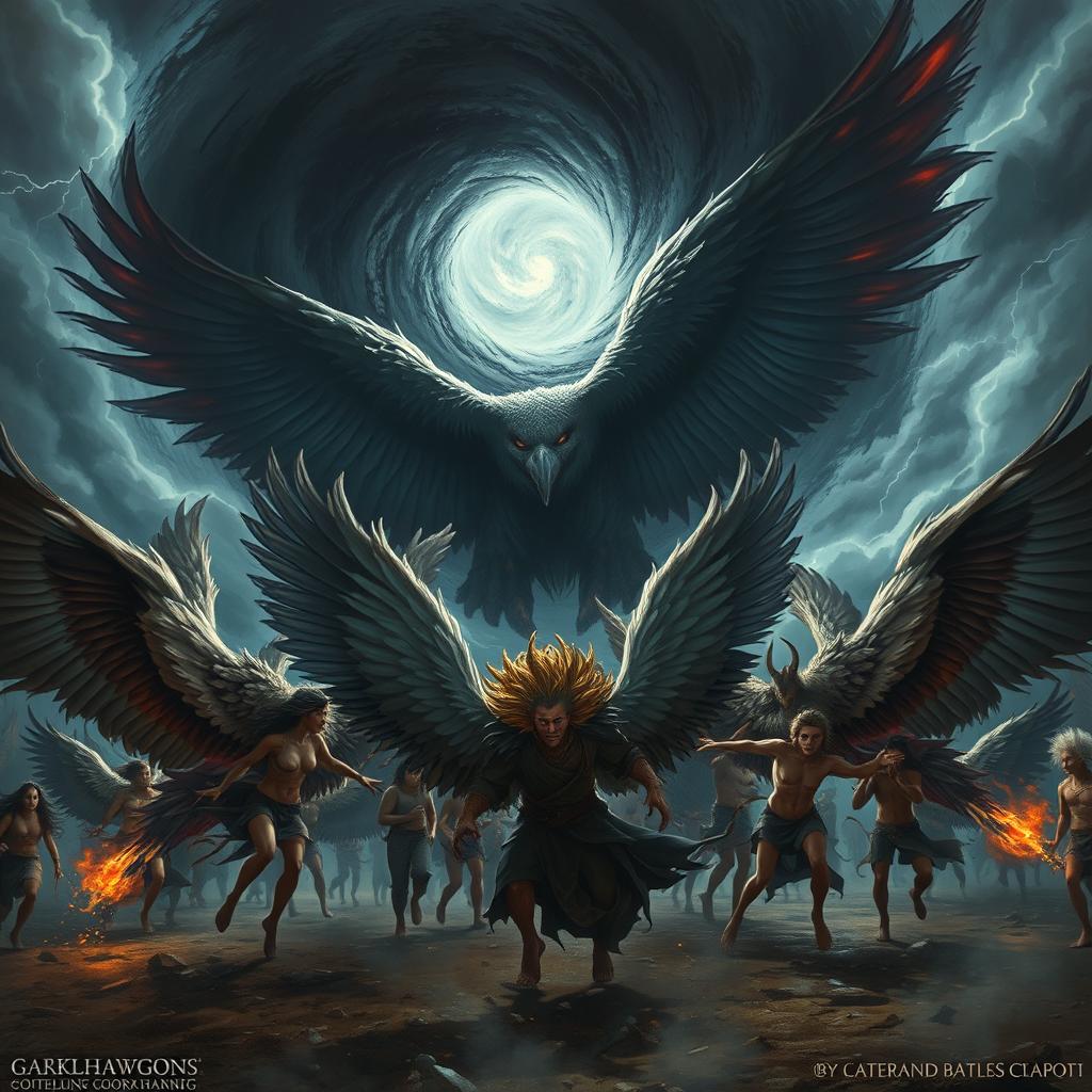 A dramatic and intense scene of people with large, majestic bird wings in a fierce battle against a swirling, dark vortex