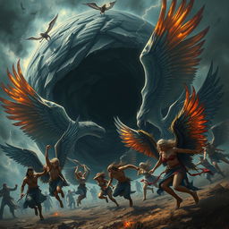 A dramatic and intense scene of people with large, majestic bird wings in a fierce battle against a swirling, dark vortex