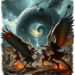 A dramatic and intense scene of people with large, majestic bird wings in a fierce battle against a swirling, dark vortex