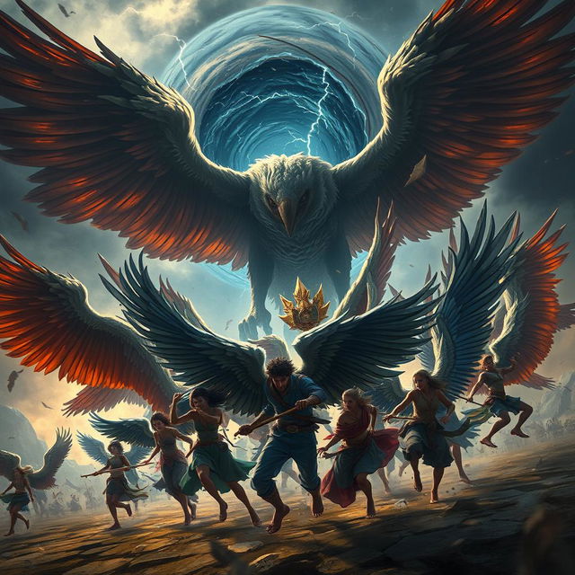 A dramatic and intense scene of people with large, majestic bird wings in a fierce battle against a swirling, dark vortex