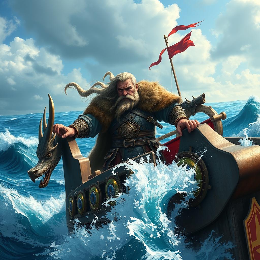 A formidable Viking leader standing at the helm of a majestic warship, navigating through tumultuous sea waves