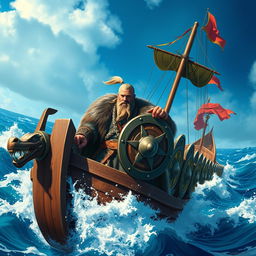 A formidable Viking leader standing at the helm of a majestic warship, navigating through tumultuous sea waves