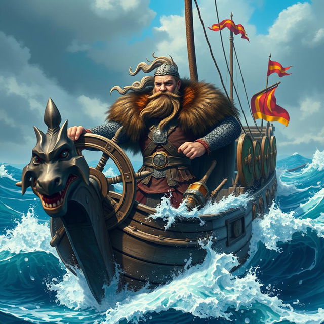 A formidable Viking leader standing at the helm of a majestic warship, navigating through tumultuous sea waves