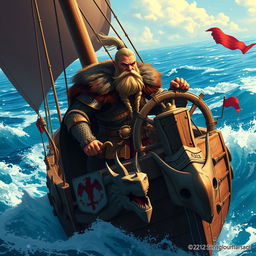 A formidable Viking leader standing at the helm of a majestic warship, navigating through tumultuous sea waves