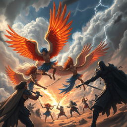A dynamic scene depicting people with majestic bird wings engaging in an epic battle against a shadowy, menacing group