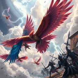 A dynamic scene depicting people with majestic bird wings engaging in an epic battle against a shadowy, menacing group