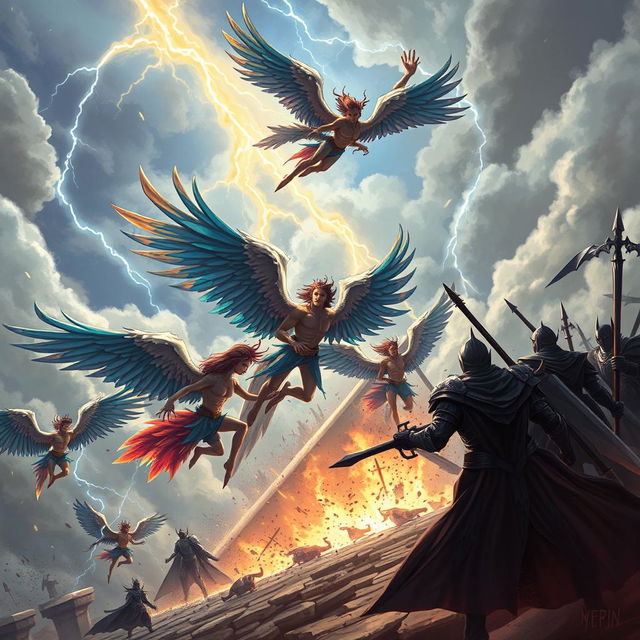 A dynamic scene depicting people with majestic bird wings engaging in an epic battle against a shadowy, menacing group