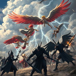 A dynamic scene depicting people with majestic bird wings engaging in an epic battle against a shadowy, menacing group