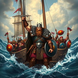 A commanding Viking warrior stands at the forefront of a grand warship, confidently leading a group of soldiers who are ready for battle