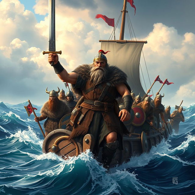 A commanding Viking warrior stands at the forefront of a grand warship, confidently leading a group of soldiers who are ready for battle