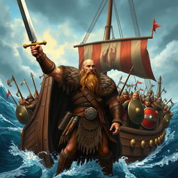 A commanding Viking warrior stands at the forefront of a grand warship, confidently leading a group of soldiers who are ready for battle