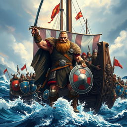 A commanding Viking warrior stands at the forefront of a grand warship, confidently leading a group of soldiers who are ready for battle