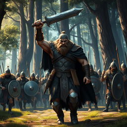 A powerful Viking warrior, depicted in an intense game art style, stands at the forefront leading a group of fearless soldiers through a dense forest