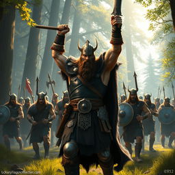 A powerful Viking warrior, depicted in an intense game art style, stands at the forefront leading a group of fearless soldiers through a dense forest