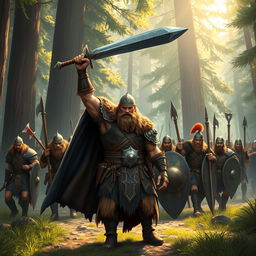 A powerful Viking warrior, depicted in an intense game art style, stands at the forefront leading a group of fearless soldiers through a dense forest