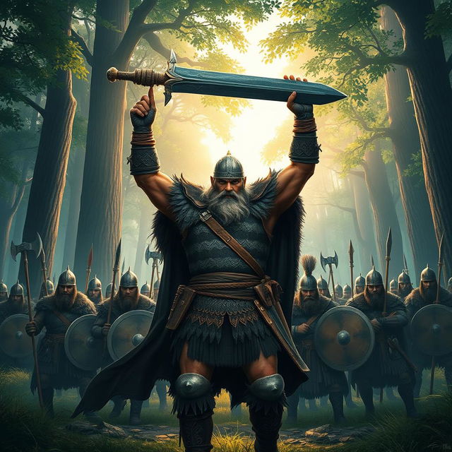 A powerful Viking warrior, depicted in an intense game art style, stands at the forefront leading a group of fearless soldiers through a dense forest