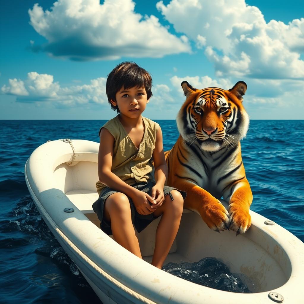 A dramatic and vivid scene from 'Life of Pi' featuring a young boy stranded on a small, white lifeboat in the vast ocean, accompanied by a majestic Bengal tiger