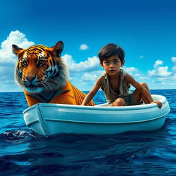 A dramatic and vivid scene from 'Life of Pi' featuring a young boy stranded on a small, white lifeboat in the vast ocean, accompanied by a majestic Bengal tiger