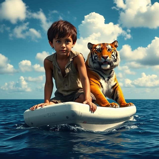 A dramatic and vivid scene from 'Life of Pi' featuring a young boy stranded on a small, white lifeboat in the vast ocean, accompanied by a majestic Bengal tiger