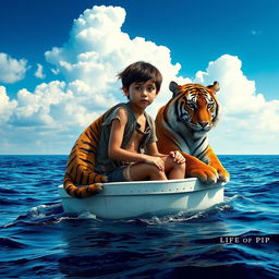 A dramatic and vivid scene from 'Life of Pi' featuring a young boy stranded on a small, white lifeboat in the vast ocean, accompanied by a majestic Bengal tiger