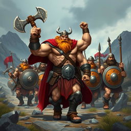 A muscular Viking warrior leads a group of strong soldiers through a rugged terrain, depicted in an engaging game art style