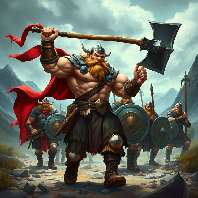 A muscular Viking warrior leads a group of strong soldiers through a rugged terrain, depicted in an engaging game art style