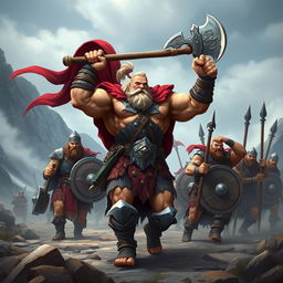 A muscular Viking warrior leads a group of strong soldiers through a rugged terrain, depicted in an engaging game art style