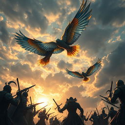 A dramatic scene depicting a battle between heroic figures with bird wings and a villainous group
