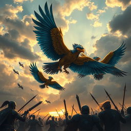 A dramatic scene depicting a battle between heroic figures with bird wings and a villainous group