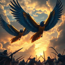 A dramatic scene depicting a battle between heroic figures with bird wings and a villainous group