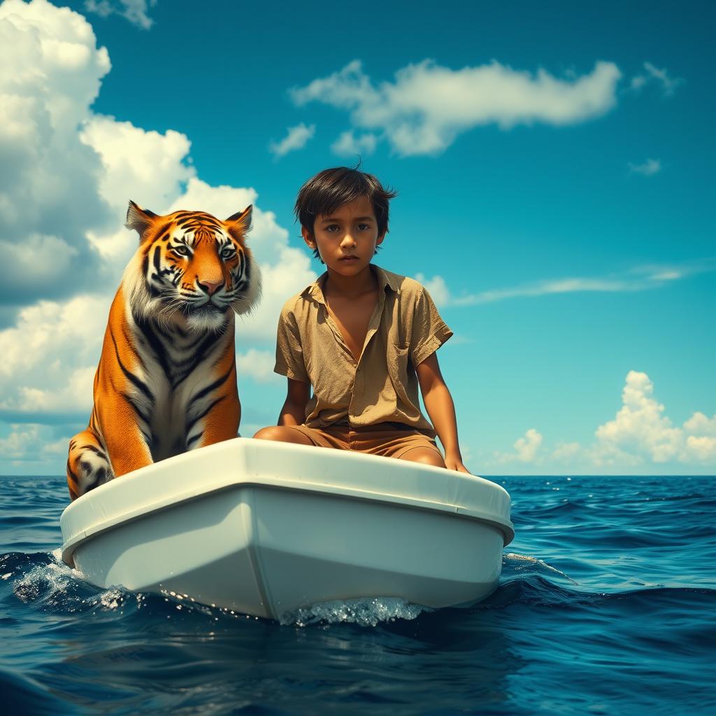 A dramatic and vivid scene from 'Life of Pi' featuring a 16-year-old boy stranded on a small, white lifeboat in the vast ocean, accompanied by a majestic Bengal tiger