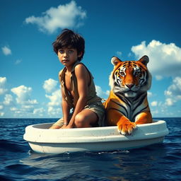 A dramatic and vivid scene from 'Life of Pi' featuring a 16-year-old boy stranded on a small, white lifeboat in the vast ocean, accompanied by a majestic Bengal tiger