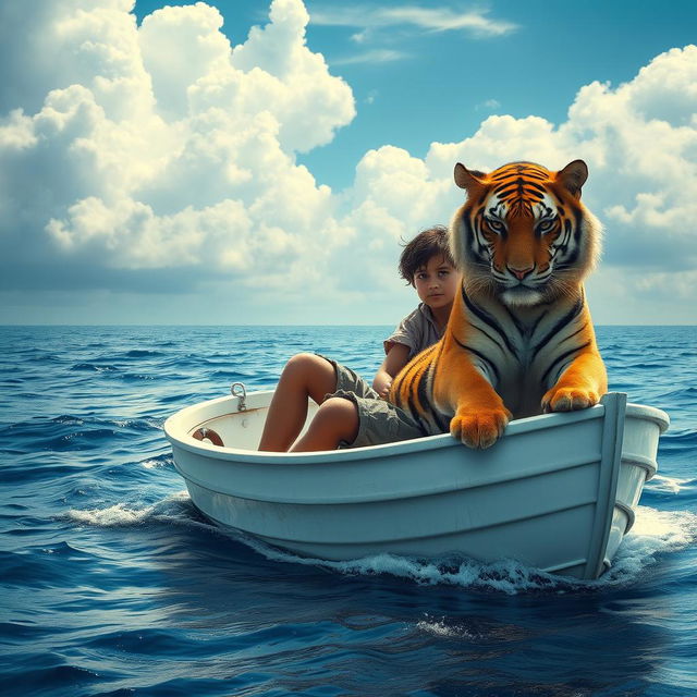 A dramatic and vivid scene from 'Life of Pi' featuring a 16-year-old boy stranded on a small, white lifeboat in the vast ocean, accompanied by a majestic Bengal tiger