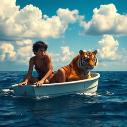 A dramatic and vivid scene from 'Life of Pi' featuring a 16-year-old boy stranded on a small, white lifeboat in the vast ocean, accompanied by a majestic Bengal tiger