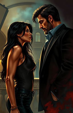 A passionate dark romance scene depicting a couple caught in a whirlwind of misunderstandings and revenge in a mafia setting
