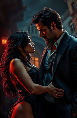 A passionate dark romance scene depicting a couple caught in a whirlwind of misunderstandings and revenge in a mafia setting