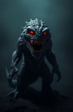 A terrifying monster standing in a dark, eerie environment, its large, sharp teeth glistening with drool