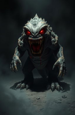 A terrifying monster standing in a dark, eerie environment, its large, sharp teeth glistening with drool