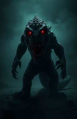A terrifying monster standing in a dark, eerie environment, its large, sharp teeth glistening with drool