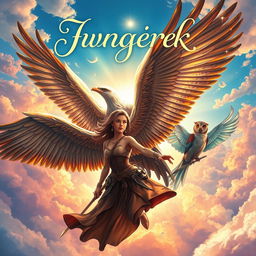 A stunning fantasy book cover featuring a group of diverse individuals with majestic bird wings, soaring through a vibrant sky filled with colorful clouds