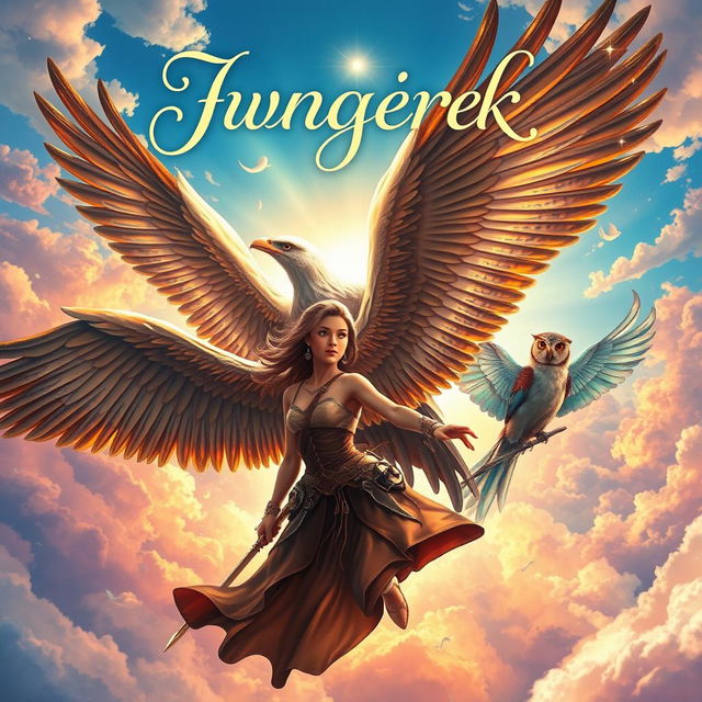 A stunning fantasy book cover featuring a group of diverse individuals with majestic bird wings, soaring through a vibrant sky filled with colorful clouds