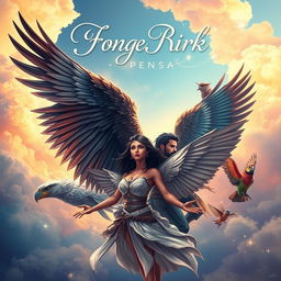 A stunning fantasy book cover featuring a group of diverse individuals with majestic bird wings, soaring through a vibrant sky filled with colorful clouds