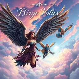A stunning fantasy book cover featuring a group of diverse individuals with majestic bird wings, soaring through a vibrant sky filled with colorful clouds