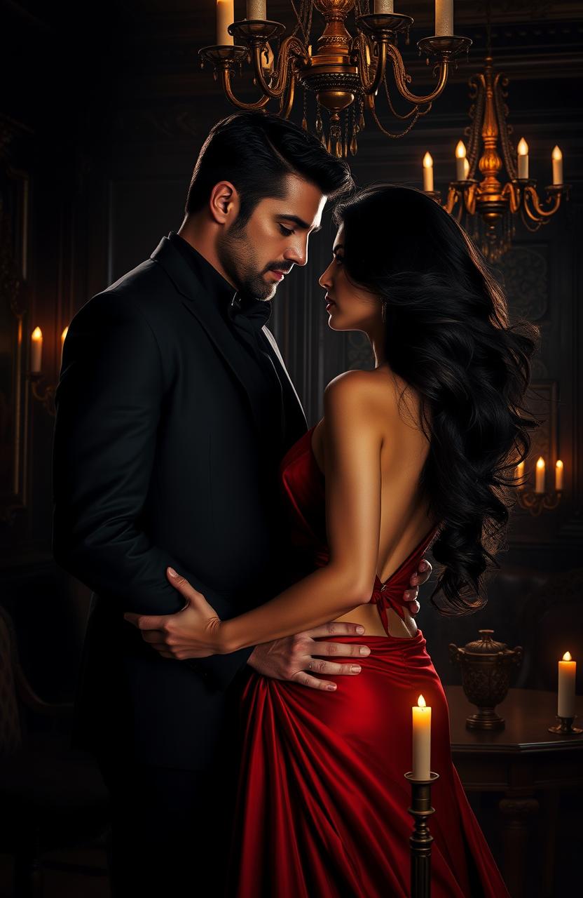 A dark romance scene depicting a couple in a tense yet passionate embrace, set in a shadowy, opulent mansion filled with intricate decor and dim lighting