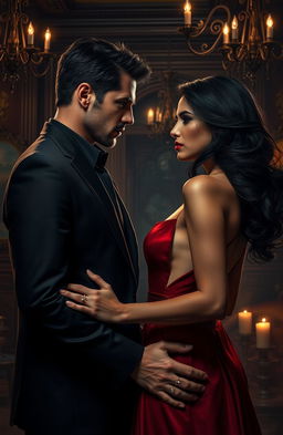 A dark romance scene depicting a couple in a tense yet passionate embrace, set in a shadowy, opulent mansion filled with intricate decor and dim lighting