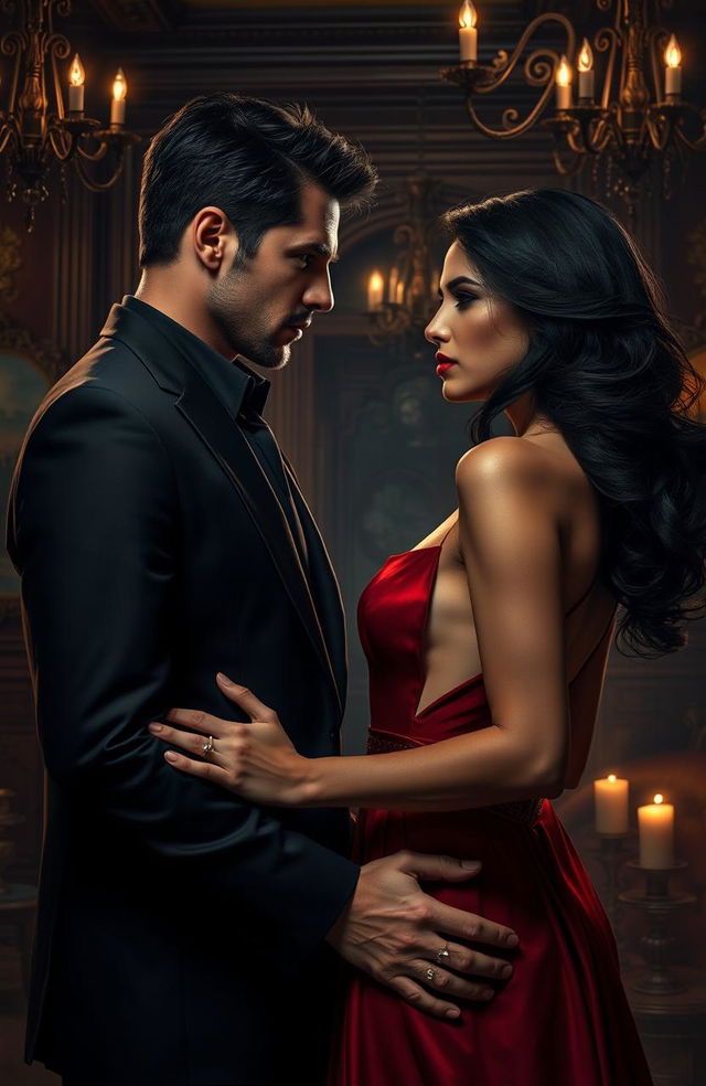 A dark romance scene depicting a couple in a tense yet passionate embrace, set in a shadowy, opulent mansion filled with intricate decor and dim lighting