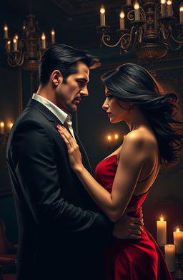 A dark romance scene depicting a couple in a tense yet passionate embrace, set in a shadowy, opulent mansion filled with intricate decor and dim lighting